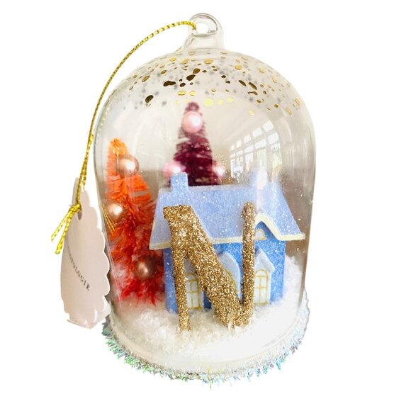 Anthropologie Festive Letter N Snow Globe Ornament Village House and Trees New - Picture 1 of 4